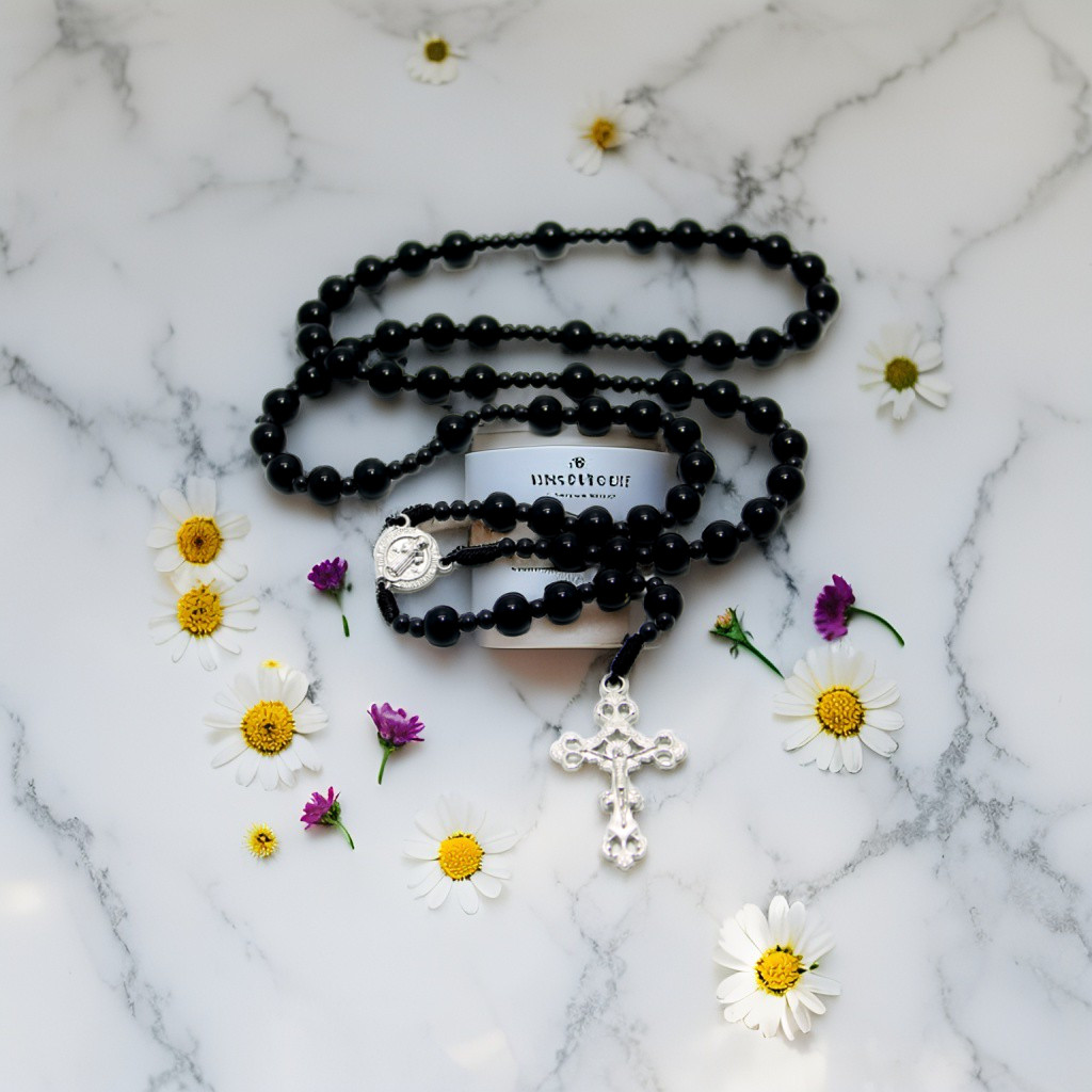 NATURAL STONE ROSARY NECKLACE / BLACK BLOROK STONE ROSARY NECKLACE / ROSARY CROSS / CATHOLIC ROSARY 