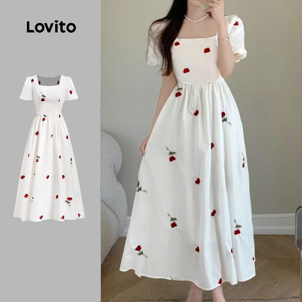 Lovito ชุดเดรสร่มรื่นดอกไม้ปลายระบายแขนเสื้อผ้าสีขาวนวลฤดูใบไม้ผลิ/ฤดูร้อน L138ED462