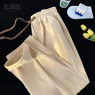 TLHGQ กางเกงลําลองขาตรงทรงหลวมผ้าลูกฟูกสไตล์เรโทรสําหรับผู้ชาย