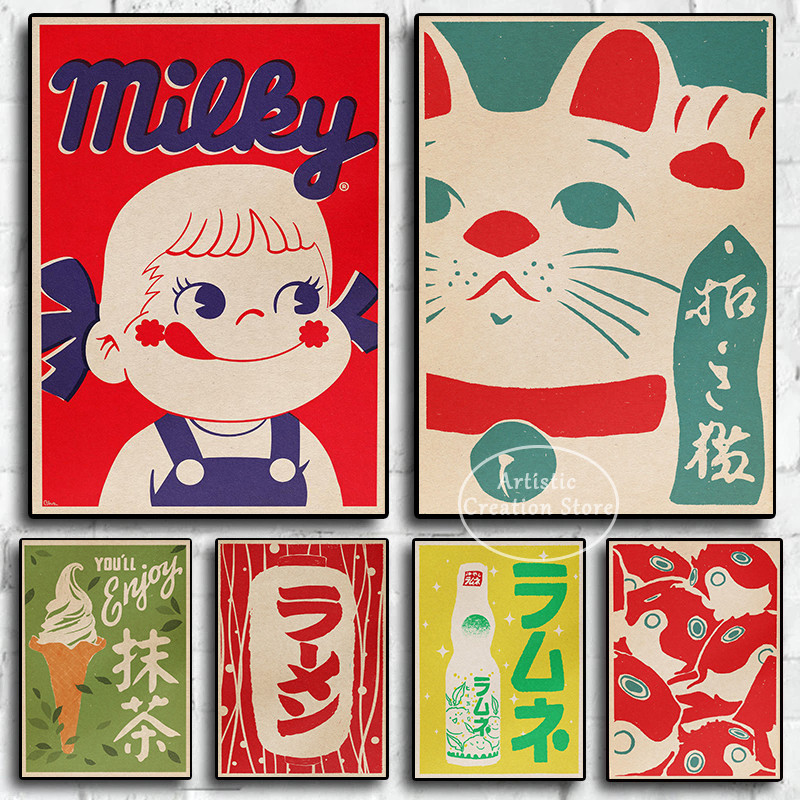 Kawaii อาหารญี่ปุ่น Pop Art นม Lucky Cat Matcha Vintage โปสเตอร์ผ้าใบภาพวาดภาพผนัง Home Kitchen Shop Decor ของขวัญ