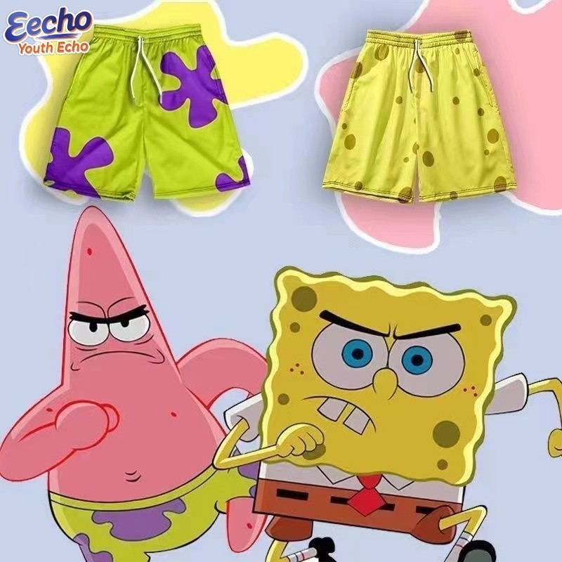 M-5XL Unisex Patrick Star และ SpongeBob กางเกงชายหาดฤดูร้อนน่ารักการ์ตูนดอกไม้ Quick-Drying ฮาวายตลกกางเกงขาสั้น Plus ขนาด