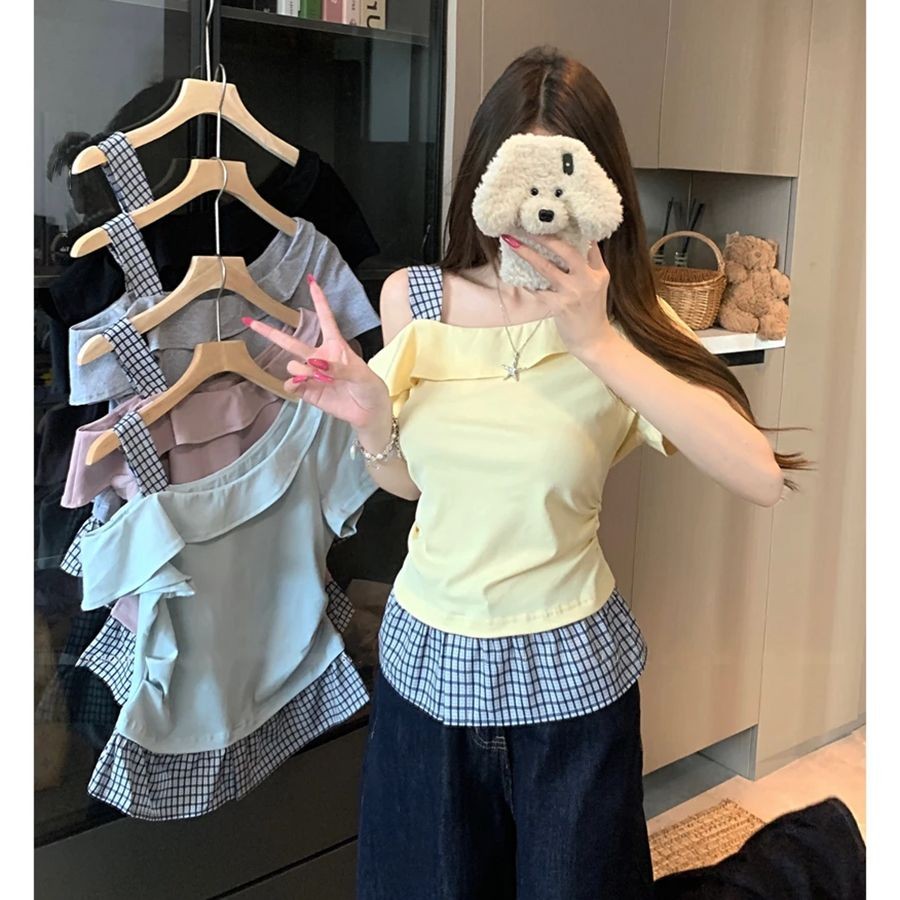 Pure Desire สไตล์ลูกไม้ Halter คอปลอมสองชิ้นเสื้อยืดผู้หญิงฤดูร้อนไขมัน mm สไตล์เกาหลีออกแบบ Niche T