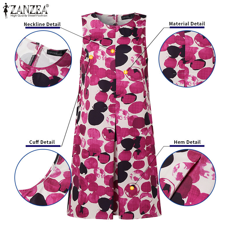 ZANZEA ใส่ ซานเซีย ผู้หญิงเกาหลีลําลองคอกลมแขนกุดลายจุดซ่อนตารางพิมพ์ชุด — صورة 7