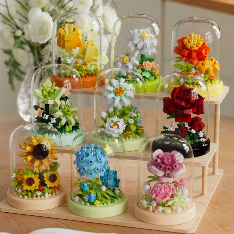 🎁 DIY เซ็ตดอกไม้ตัวต่อพร้อมฝาครอบใส จัดโต๊ะได้สวยงามเหมือนงานศิลปะ