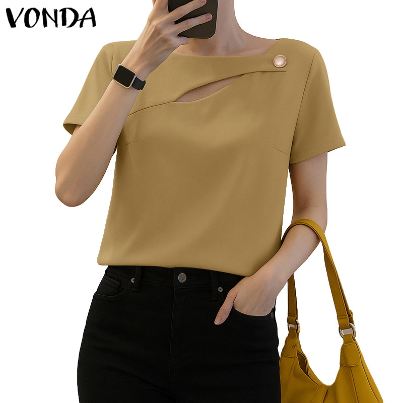 VONDA เสื้อสไตล์เกาหลี แขนสั้น ติดปุ่มด้านหน้า เพิ่มความหรูหรา