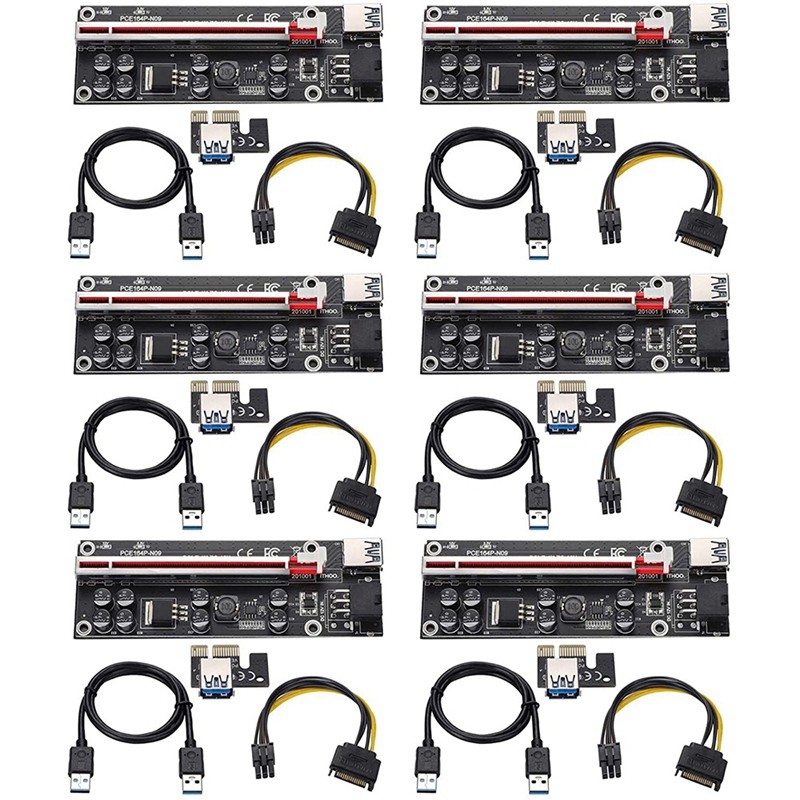6PCS VER009S Plus PCI-E Riser การ์ด PCI Express 1X ถึง 16X อะแดปเตอร์ USB 3.0 สาย SATA ถึง 6Pin สายไ
