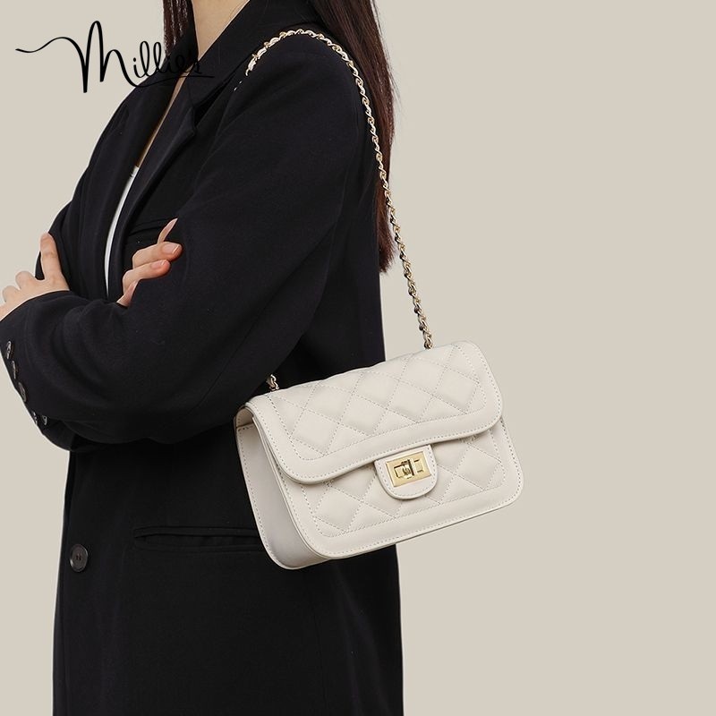 MIaoli MILLIES กระเป๋า messenger หนังแท้ สไตล์ใหม่สำหรับปี 2025 พร้อมสายโซ่