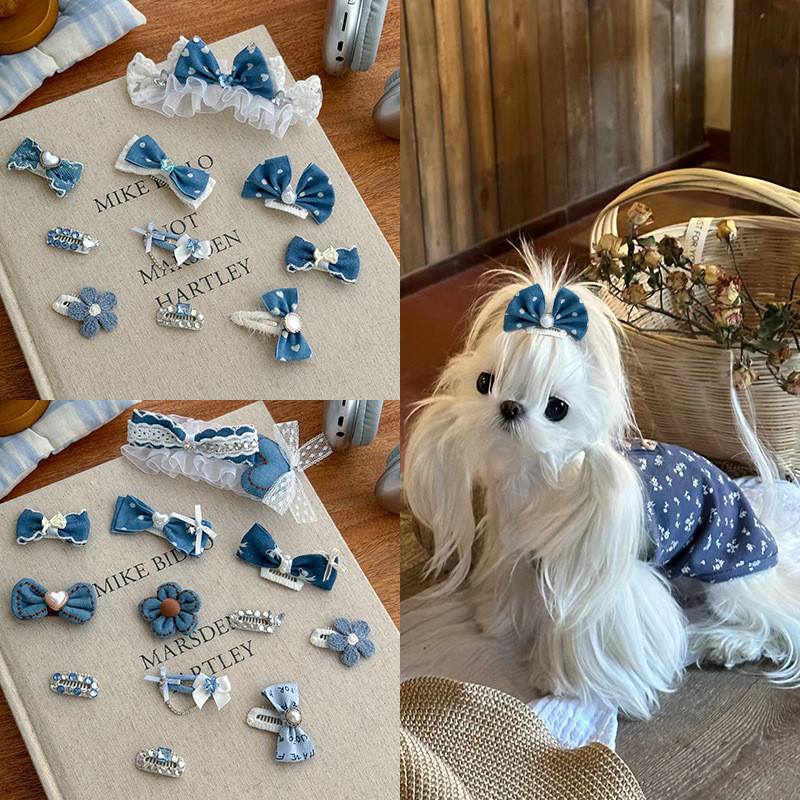 คลิปผมสัตว์เลี้ยงเต็มเจาะโบว์ไม่ตกเครื่องประดับ