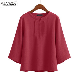 ZANZEA เสื้อเบลาส์แขนสามส่วน ลายทางสีเรียบสำหรับผู้หญิงสไตล์…