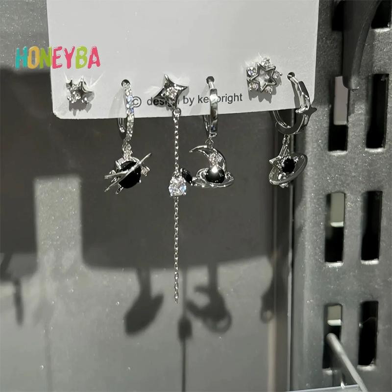 <Honeyba> 6PCSชุดGoth Punk Vintage AestheticคริสตัลหัวใจMoon Cross Starจี้ต่างหูสําหรับผู้ชายผู้หญิง