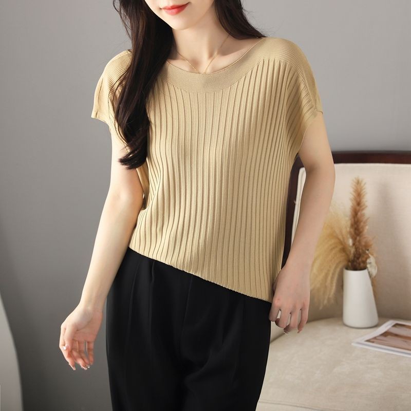 เสื้อลายใหม่สำหรับผู้หญิง ทำจากผ้าไหมน้ำแข็ง แขนสั้น ปิดไหล่ ดีไซน์หลวมๆ เหมาะสำหรับฤดูร้อน