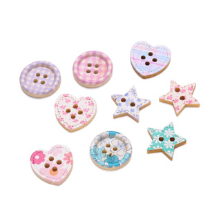 ปุ่มไม้พิมพ์ลาย 5-10ชิ้น แบบดาว/หัวใจ/กลม สำหรับงานDIY เครื่…