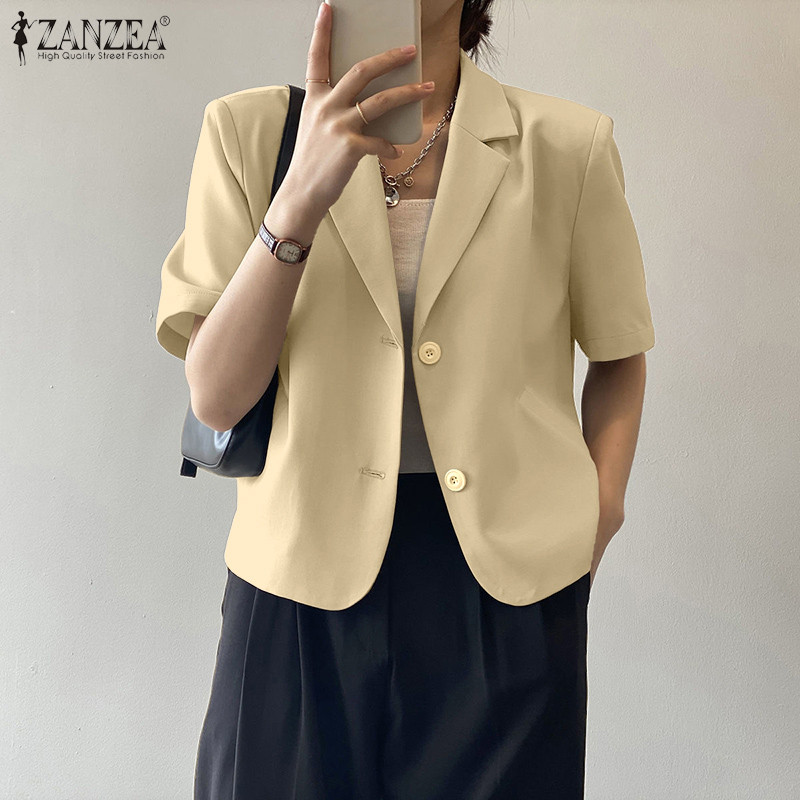 ZANZEA เสื้อเบลาส์แขนสั้น สไตล์เกาหลี แบบปกยืนสำหรับผู้หญิง เปิดด้านหน้า - รูปที่ 3