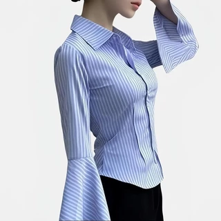 Chili Koko เสื้อเชิ้ต ลายทาง แขนยาว สำหรับผู้หญิง ปี 2025 มาใหม่ สไตล์คลาสสิค ลายทางแนวตั้ง ดีไซน์เปิดข้อมือ 99126