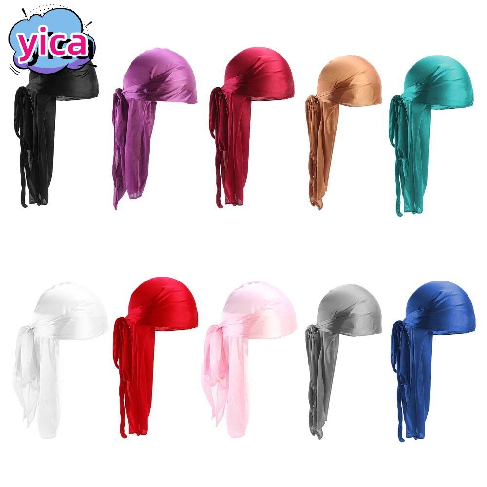 YICA Silk Durag หมวกโพลีเอสเตอร์ยืดหยุ่น แฟชั่นผ้าพันหัวปรับได้สำหรับทั้งผู้ชายและผู้หญิง