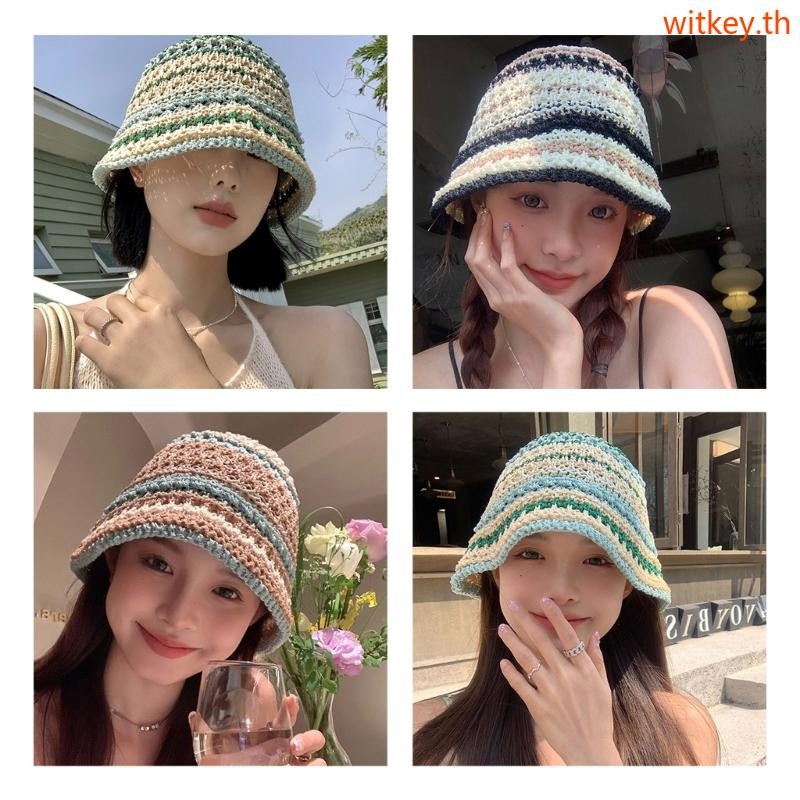 หมวกบักเก็ต crocheted สีจับคู่ หมวกชาวประมงสำหรับการเดินทางและสวมใส่ทำกิจกรรมกลางแจ้ง