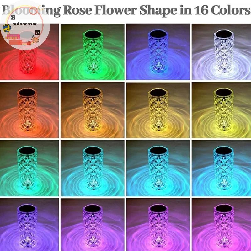 Pufangstar 16 สีคริสตัล Night Light LED Touch Projection ตารางโคมไฟ Rose ระยะไกลหรี่แสงได้ USB โรแมน