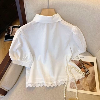 Dahong W635 เสื้อเชิ้ตแขนสั้นผู้หญิงน่ารักๆ oversize ปักโบว์แดง ผ้าคัตตอน เสื้อผ้าแฟชั่นสไตล์เกาหลี