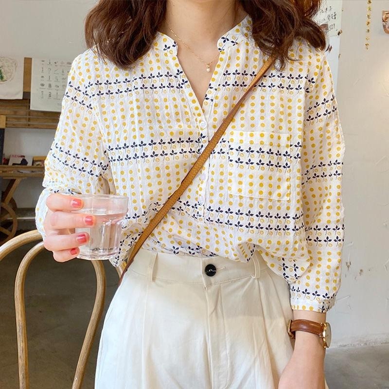 Chili Kokoเสื้อแฟชั่นเชิ้ตผู้หญิงเกาหลีสีน้ำเงิน กระดุมมุกคอกลม เสื้อน่ารักๆแขนยาวลายทาง เสื้อลูกไม้แขนพอง W531 - รูปที่ 3