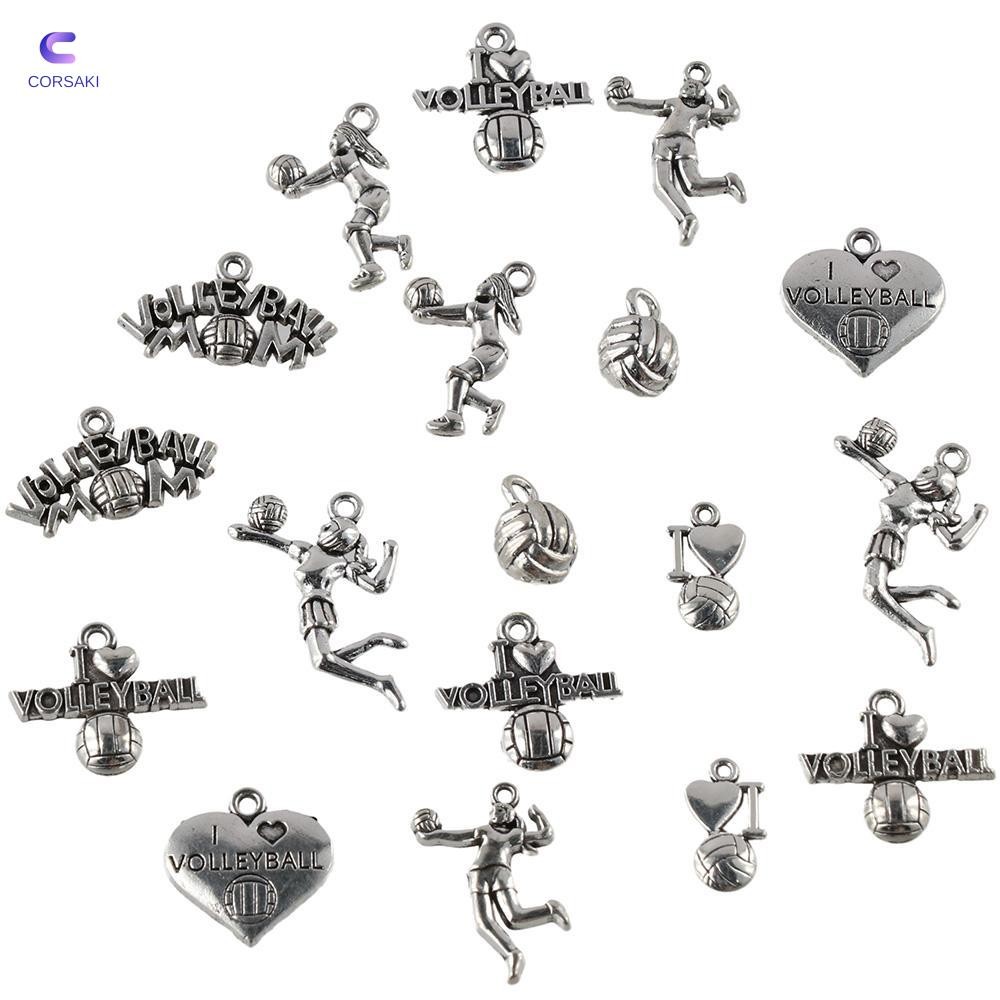 CORSAKI 45PCS Ball กีฬา Charms,โลหะผสมเงิน Retro วอลเลย์บอล Charms จี้,สร้อยข้อมือ Handmade 9 สไตล์ 