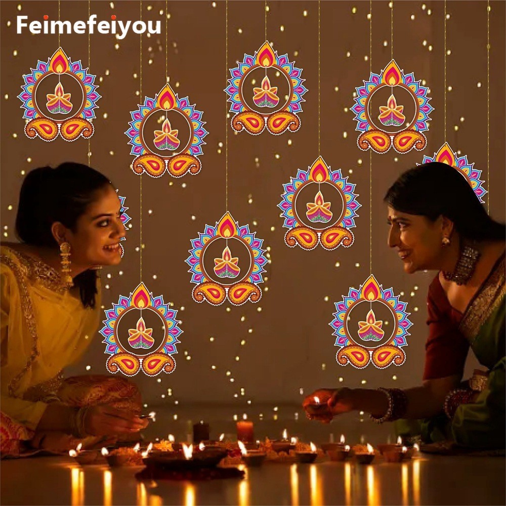 12 ชิ้น 2025 Diwali ตกแต่งรายการ Happy Deepavali เทศกาลตกแต่งปาร์ตี้ 3D แขวนตกแต่ง Diwali เทียนแขวนต