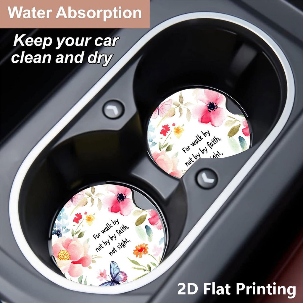 2PC สีน้ําดอกไม้ QuoteFaith Verse, Butterflaies, แรงบันดาลใจ Art 2D แบนพิมพ์ชุด 2 ที่วางแก้วรถที่รอง