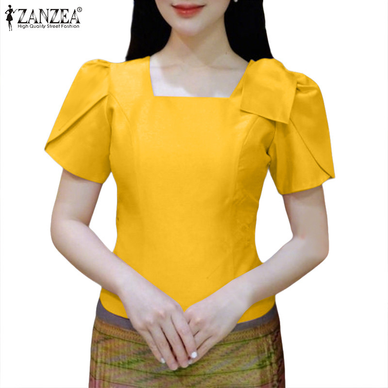 ZANZEA เสื้อเบลาส์ผ้าซาตินลายผีเสื้อดอกไม้แขนสั้น สไตล์หรูหราเกาหลีสำหรับผู้หญิง