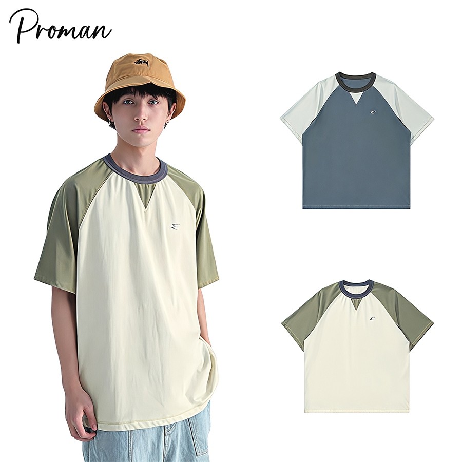 ProMan กีฬาแขนสั้นผู้ชาย สีต่อ คอกลม ใส่สบายระบายอากาศได้ดี oversize