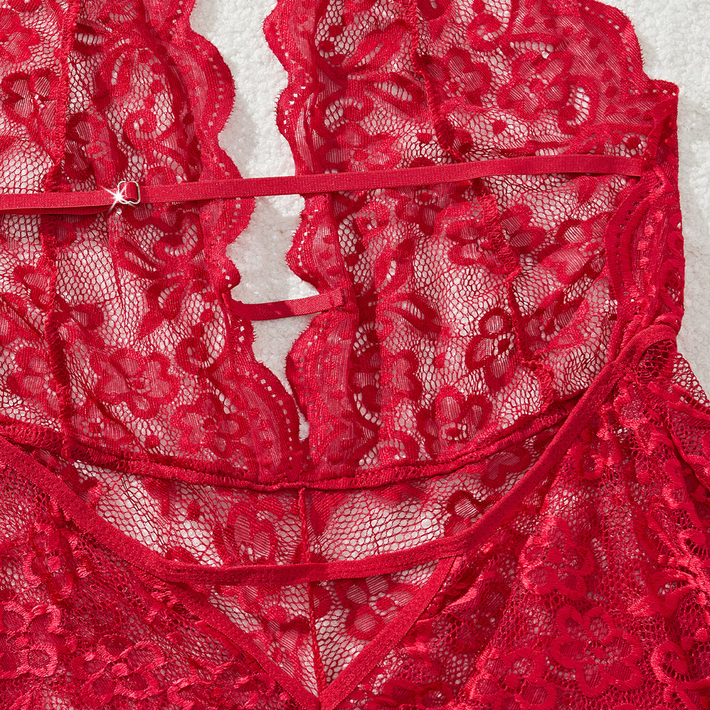 ชุดชั้นในแบบบอดี้สูทสำหรับผู้หญิง ไซส์พิเศษ XL สีแดงโปร่งแสง มีลายลูกไม้