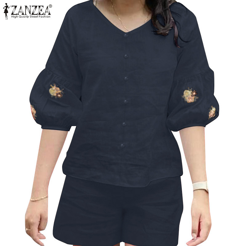 ZANZEA ซานเซีย ผู้หญิงเกาหลีแขนสามในสี่ดอกไม้คอวีเอวยางยืดท็อปส์กางเกงขาสั้น — صورة 6