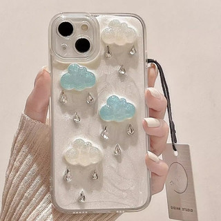 เกาหลี 3D เพชร Raindrop เคสโทรศัพท์สีขาวสําหรับ iphone 15 14 13 12 11 Pro Max XR X XS 7 8 Plus SE หรูหราเงา Glitter Clouds กันกระแทกปกหลัง
