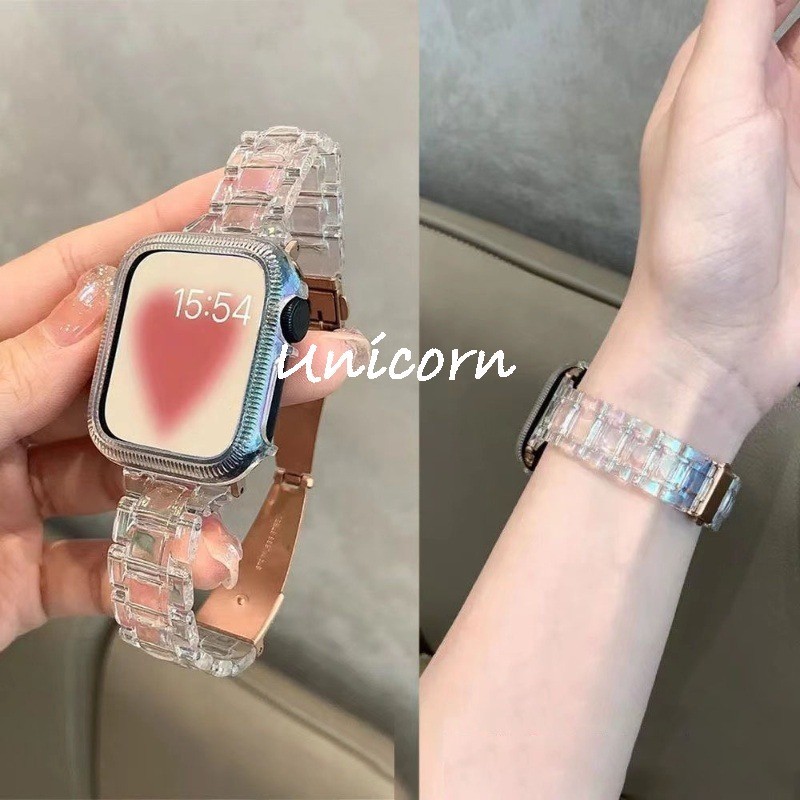 Slim Laser Transparent Band สําหรับ Apple Watch 38 มม.41 มม.45 มม.40 มม.42 44 มม.49 มม.สายรัดสายรุ้งผู้หญิงสร้อยข้อมือสําหรับ IWatch 9 8 7 6 SE 5 4 3 2 1 Ultra