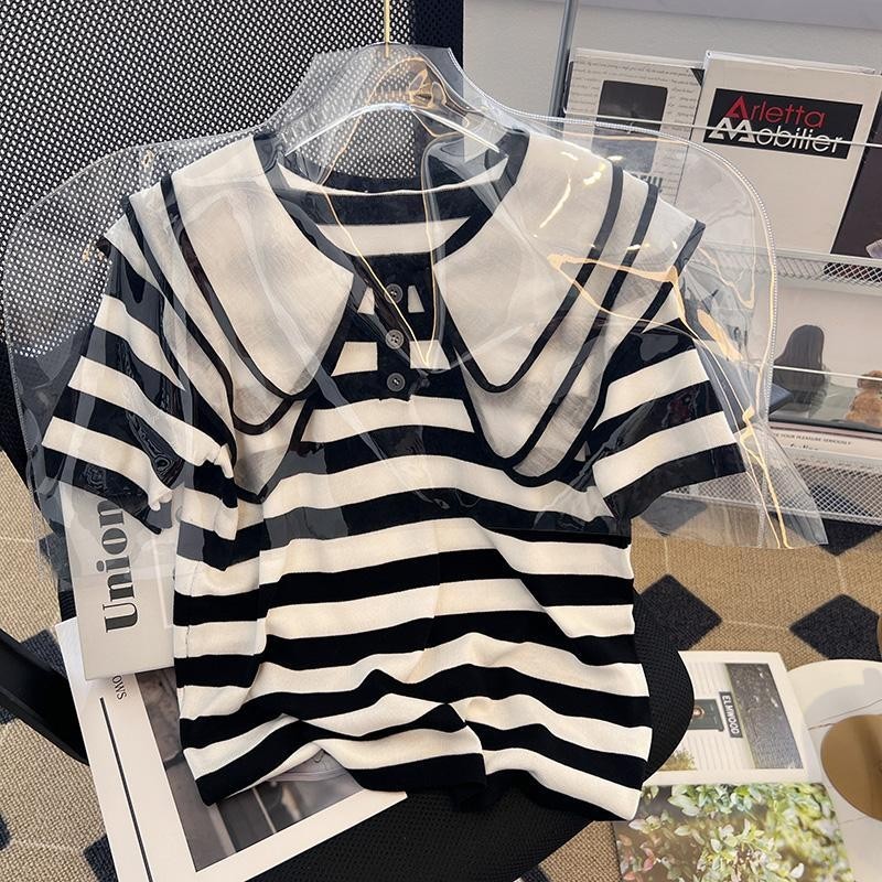 เสื้อเชิ้ตลาย ผู้หญิงขนาดใหญ่ผ้าไหมน้ําแข็งคอตุ๊กตาสไตล์เกาหลีเสื้อแขนสั้น