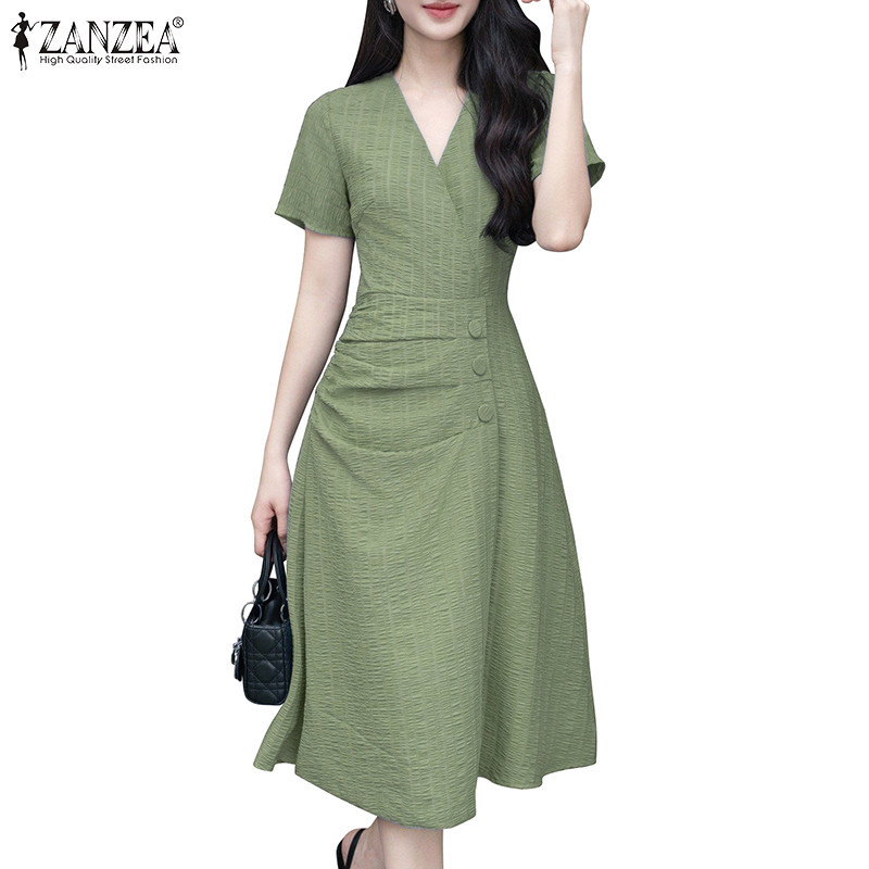 Zanzea ชุดเดรสทรงเอแขนสั้นคอวีลําลองเกาหลีสําหรับผู้หญิง
