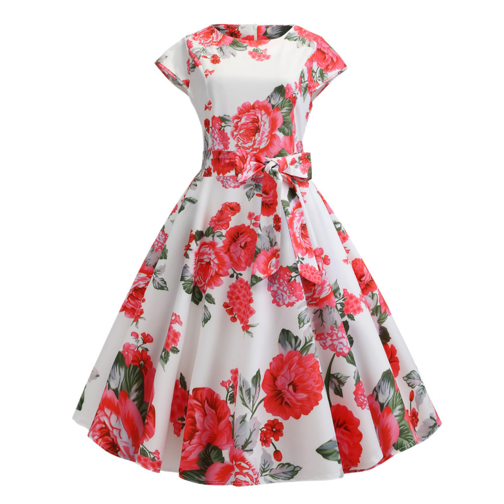 Retro คอกลมพิมพ์กระโปรงยาวกลางแขนสั้นสายรัดเอวชุดแกว่งขนาดใหญ่ชุดราตรีผู้หญิง