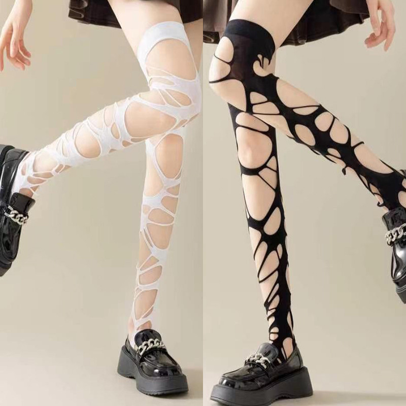 สไตล์โกธิค Y2k ถุงเท้าเหนือเข่าไม่สม่ําเสมอ Subculture Ripped ถุงน่อง Beggar Hollow Jk Pantyhose