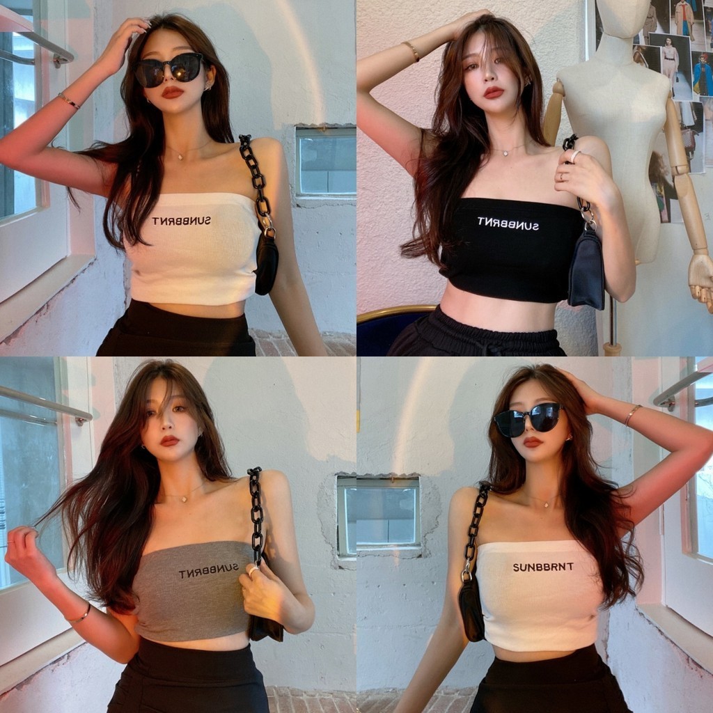 ✨Anne✨เกาะอก ซับใน ปาดไหล่ เข้ารูป ครอปผู้หญิง🌟ผ้ายืด เสื้อเกาะอก แฟชั่นฤดูร้อน☄️#FY4832