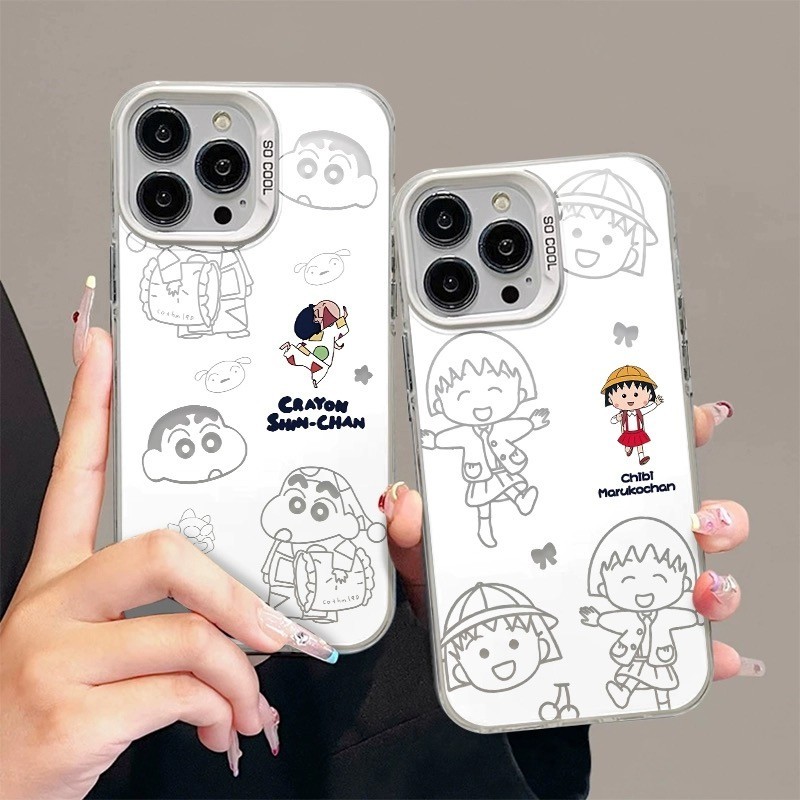เคส OPPO Reno 12F 12 F 11 11F 10 Pro+ F25 8Z 7Z 5G 5F 4F 5 Lite 7 8 Pro 4 6 4G 8T A71 A57 A1 A39 F5 A5 A9 A83 2020 Cute Chibi Maruko-chan Cartoon Crayon Shin-chan Couple Luxury Plating Metal Button Soft Phone Case 1YKC 13