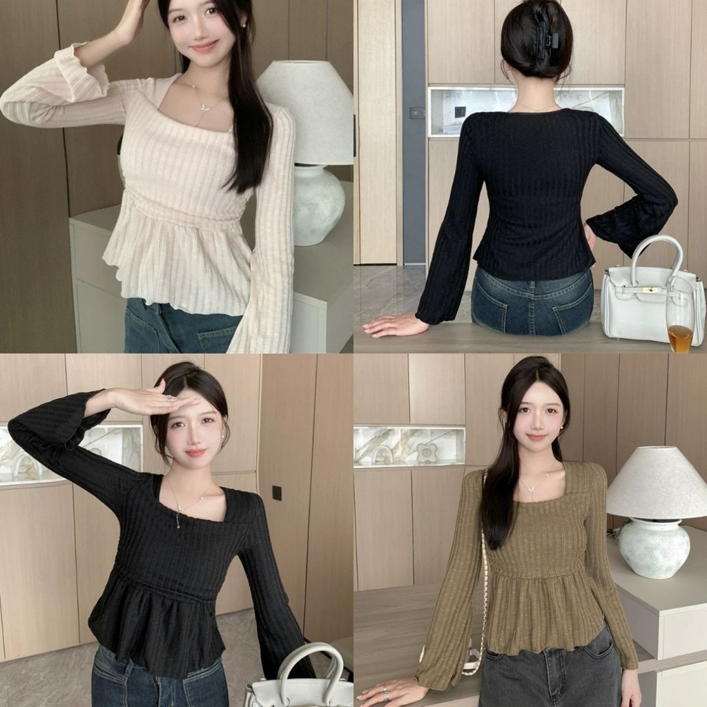 Elves✨พร้อมส่ง✨ เสื้อไหมพรมคอเหลี่ยม แขนยาว ผ้าพริ้ว  ~95153~ -C