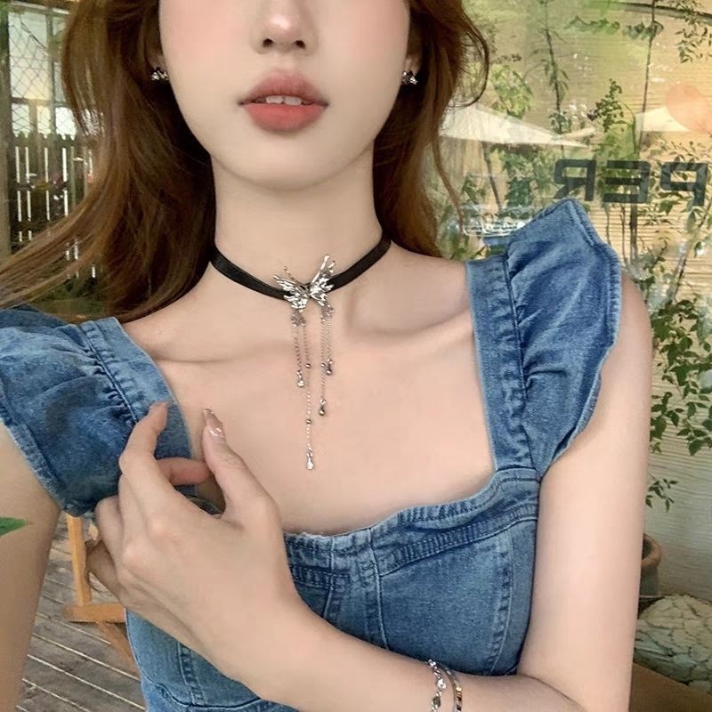 Y2k สร้อยคอผู้หญิงพู่ผีเสื้อ choker เครื่องประดับแฟชั่นเกาหลีอุปกรณ์เสริม