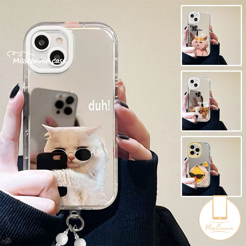 หน้ากากตลกลูกแมวลูกสุนัขตาขาวแว่นกันแดด Corgi เป็ดสําหรับ IPhone 11 15 12 14 13 Pro Max 7Plus XR XS Max X 7 15 14 8 Plus สร้อยข้อมือหรูหรา Make Up Mirror Case