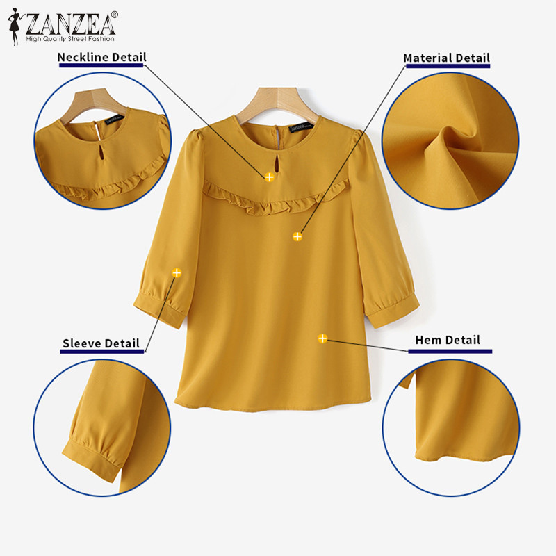 Zanzea ผู้หญิงเกาหลี Daily3/4 แขนเสื้อคอกลมสีทึบ Ruffle ตกแต่งเสื้อ — صورة 7