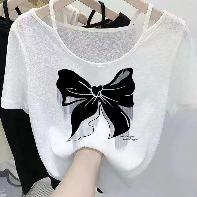 หลวมสั้นเสื้อยืดผู้หญิงเย็นด่วนเล็กน้อยโปร่งใสสบายแฟชั่นเสื้อยืดพิมพ์ด้านบน