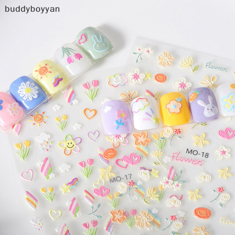 Bbth 5d ดอกไม้การ์ตูนสติกเกอร์เล็บ Self-Adhesive Diy น่ารัก 5d บรรเทาดอกไม้กระต่ายรูปแบบเล็บ Slider สติกเกอร์ตกแต่ง Vary