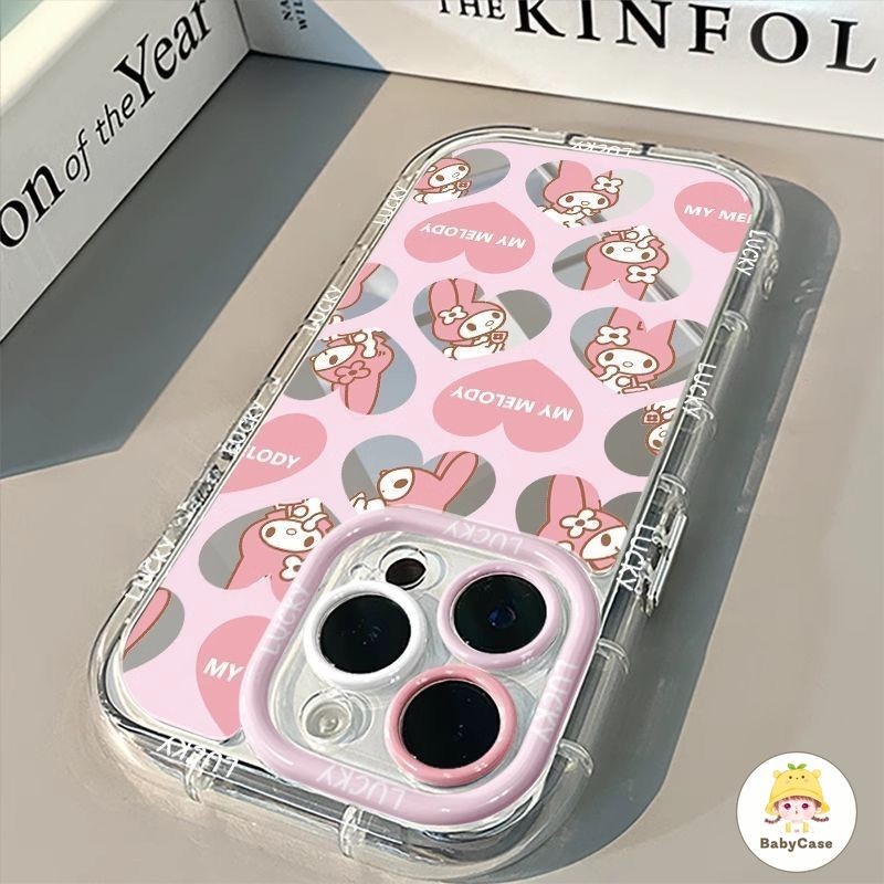 สีชมพูหัวใจรักเมโลดี้น่ารัก สร้อยข้อมือกระจกแต่งหน้า เคสIPhone 16 11 15 13 14 12 Pro Max 14 7 15 8 Plus XR X XS Max SE