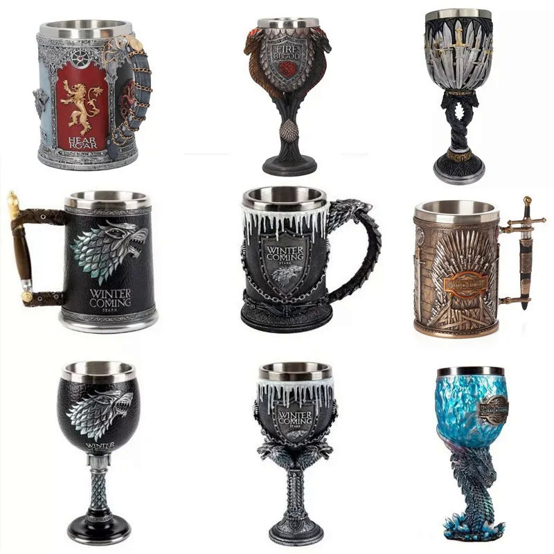 Medieval Mug Silver Silk Pattern Wine Cup 3D Gothic Sculpture Beer Mugs Brumate Goblet Resin Coffee 