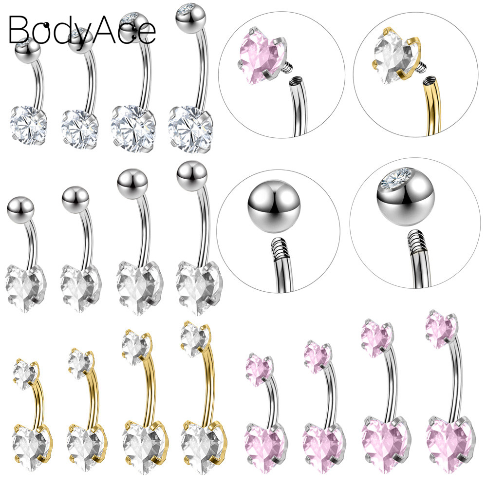 Bodyace 1 Pc 14G แหวนสะดือสีชมพู Cubic Zircon เจาะสแตนเลสปุ่มท้องเจาะด้ายภายนอกเครื่องประดับ