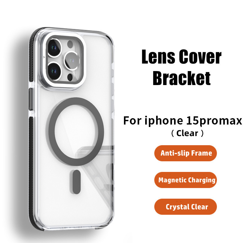 ฝาครอบเลนส์ Bracketnew Strong Magnetic ไร้สายชาร์จโปร่งใสเคสโทรศัพท์สําหรับ iPhone 11 12 13 14 15 16 Pro Max Plus Premuim กันฝุ่น Anti-slip กรอบ Hard Case