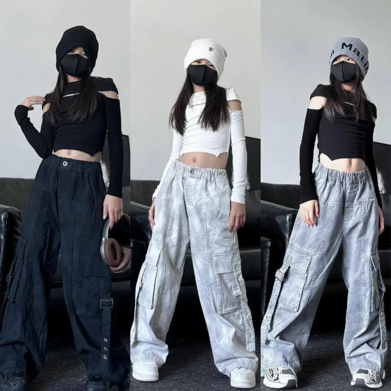 [KeDaYa] พร้อมส่ง เสื้อครอปอเมริกัน กางเกงคาร์โก้ เสื้อแขนยาวดีไซน์เก๋ ชุดการแสดงเกิร์ลกรุ๊ป สไตล์เกาหลี ชุดเต้นแจ๊ส ฮิปฮอปเด็ก Y2K OOTD