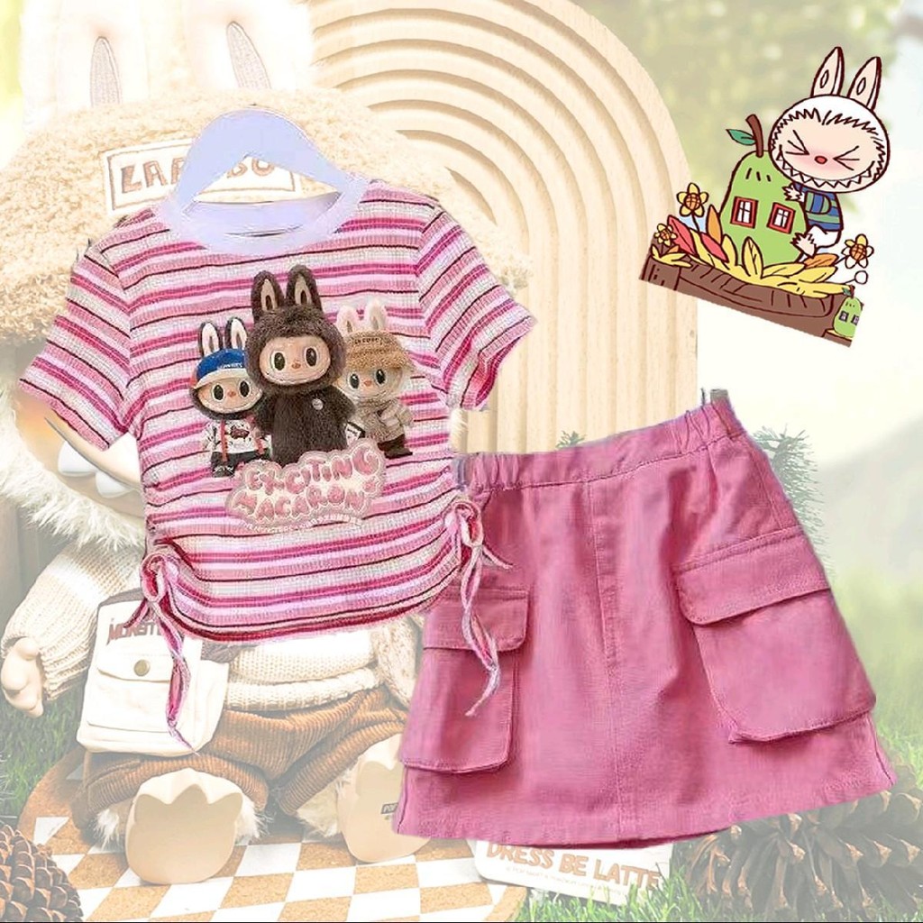 Pingชุดเซ็ทเด็กผู้หญิง เสื้อผูกโบว์ข้าง+กระโปรงกระเป๋าคาร์โก้ รุ่น3136